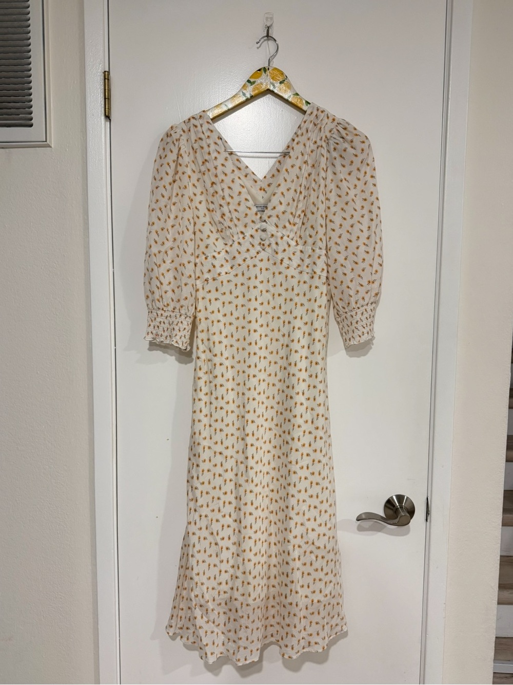 Petite Studio Cream Midi Dress with Yellow Floral Print and Puff Sleeves